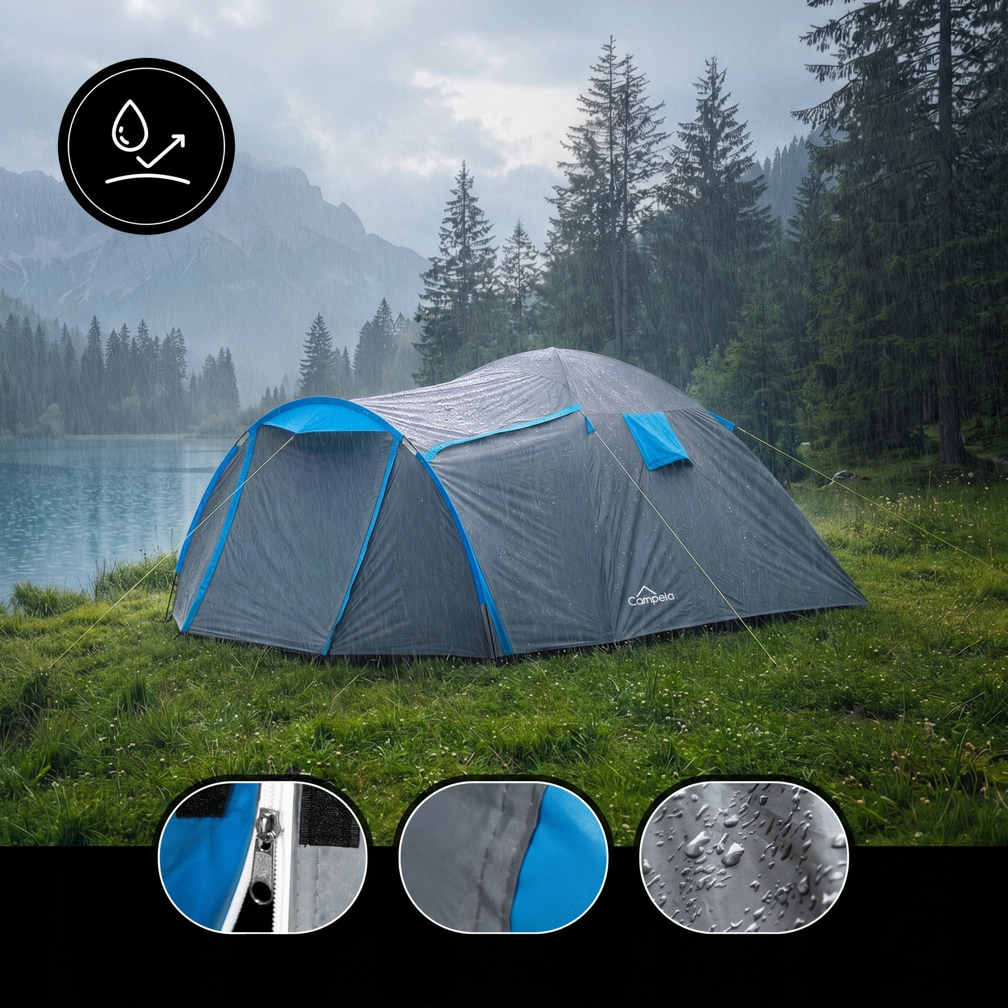 TOURIST TENT 4 PERSON FAMILY CAMPING IGLO WATERPROOF CAMPELA Manufacturer code CA0013GRY