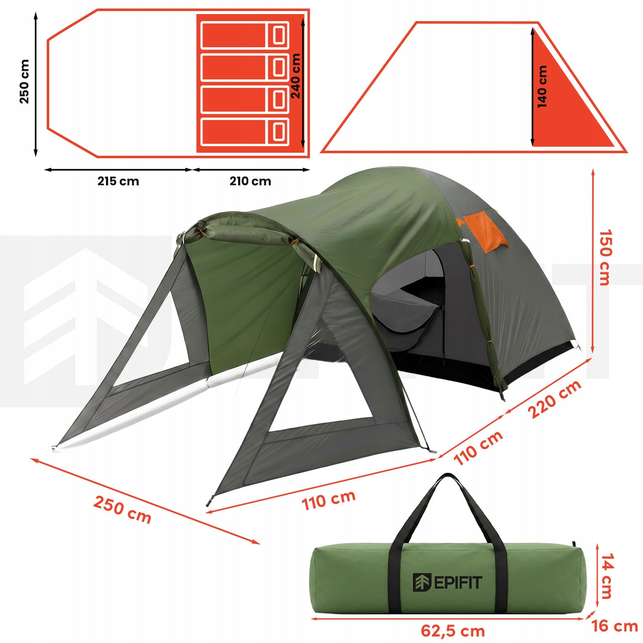 TOURIST TENT 4 PERSON FAMILY CAMPING WATERPROOF 440x250x150 cm Manufacturer code 114813
