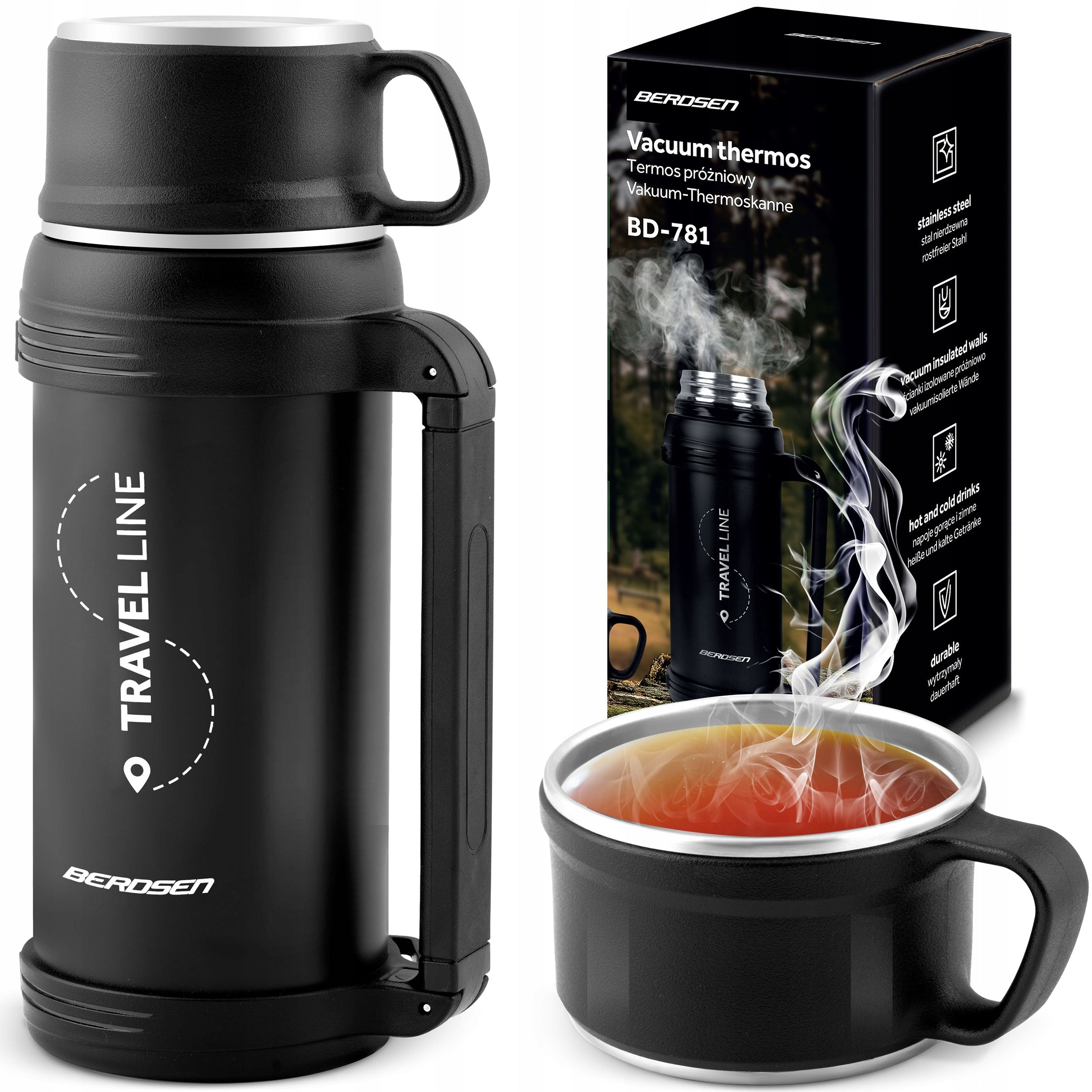 TOURIST THERMOS WITH COFFEE STRAP TEA 1500ML STEEL THERMAL MUG
