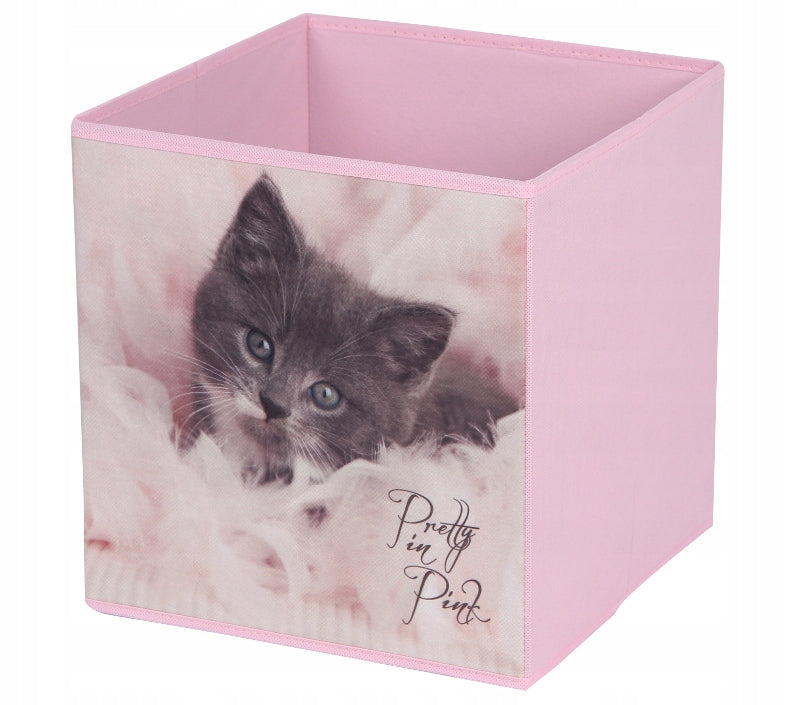 TOY BOX ORGANIZER CONTAINER MADE OF PINK MATERIAL WITH KITTEN
