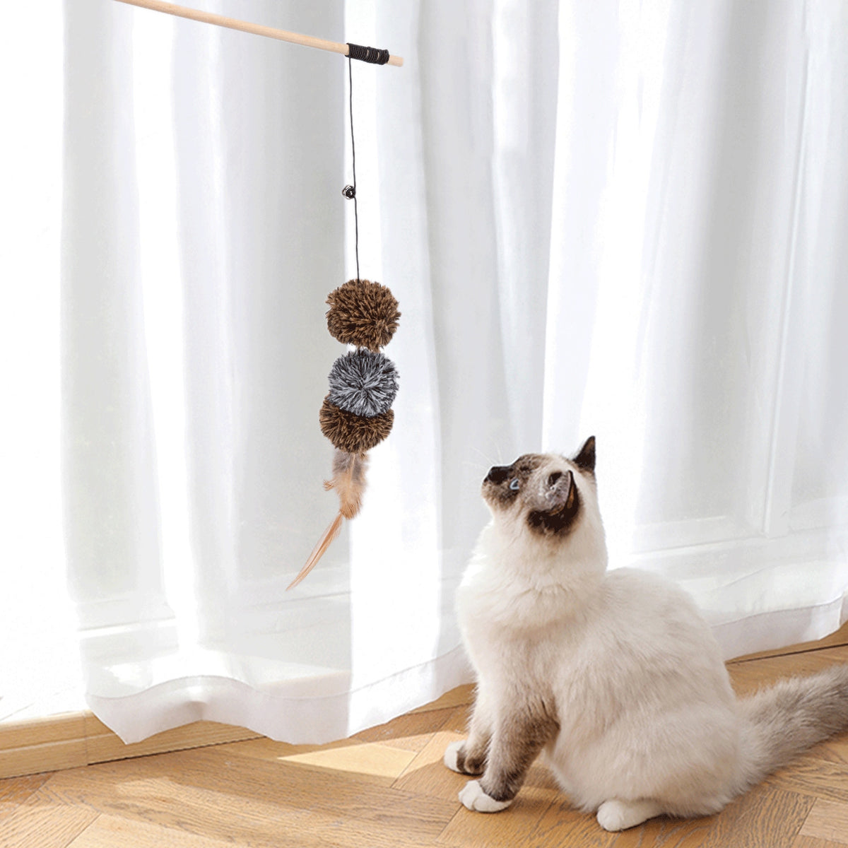 TOY LONG FISHING ROD FOR A CAT WITH BAIT BELL FEATHERS STICK 40CM Brand Nobleza