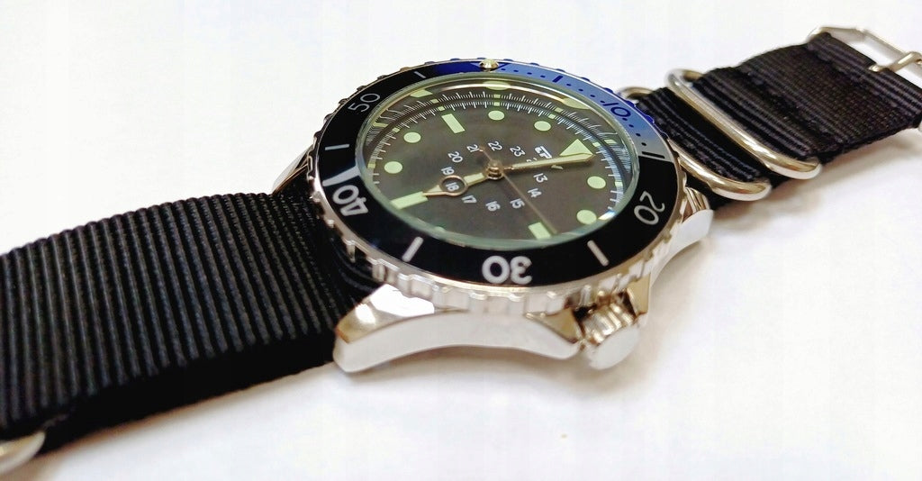 TPW military watch luminous black webbing strap swivel ring Case color silver