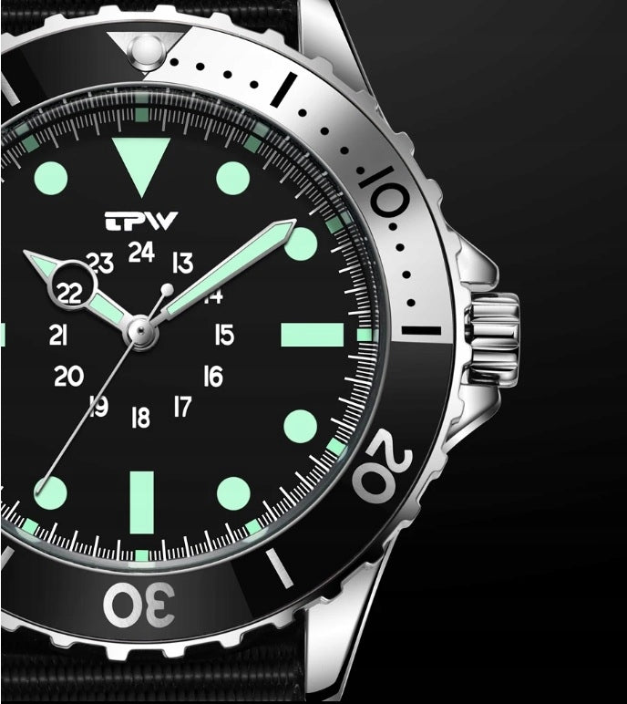 TPW military watch luminous black webbing strap swivel ring Dial color black