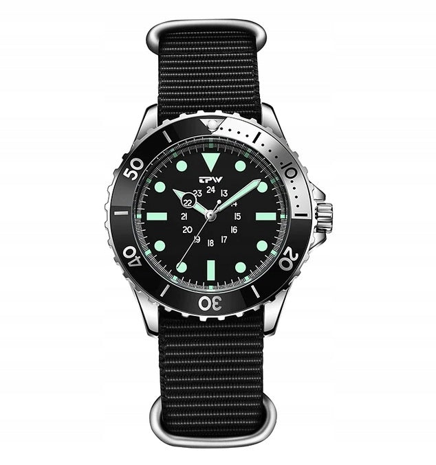 TPW military watch luminous black webbing strap swivel ring