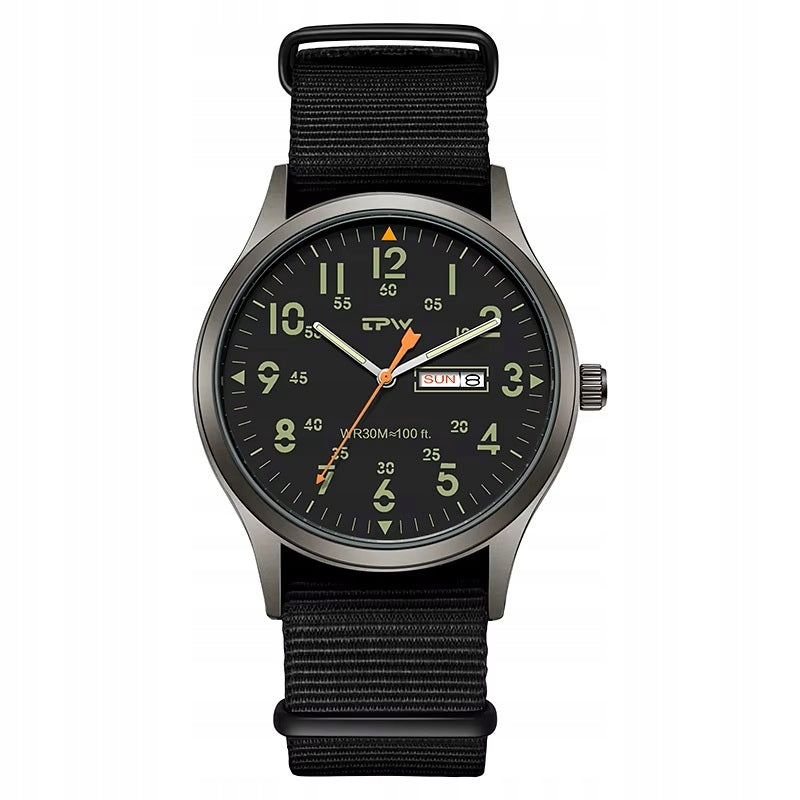 TPW watch luminous military style Day-Date black quartz nylon strap