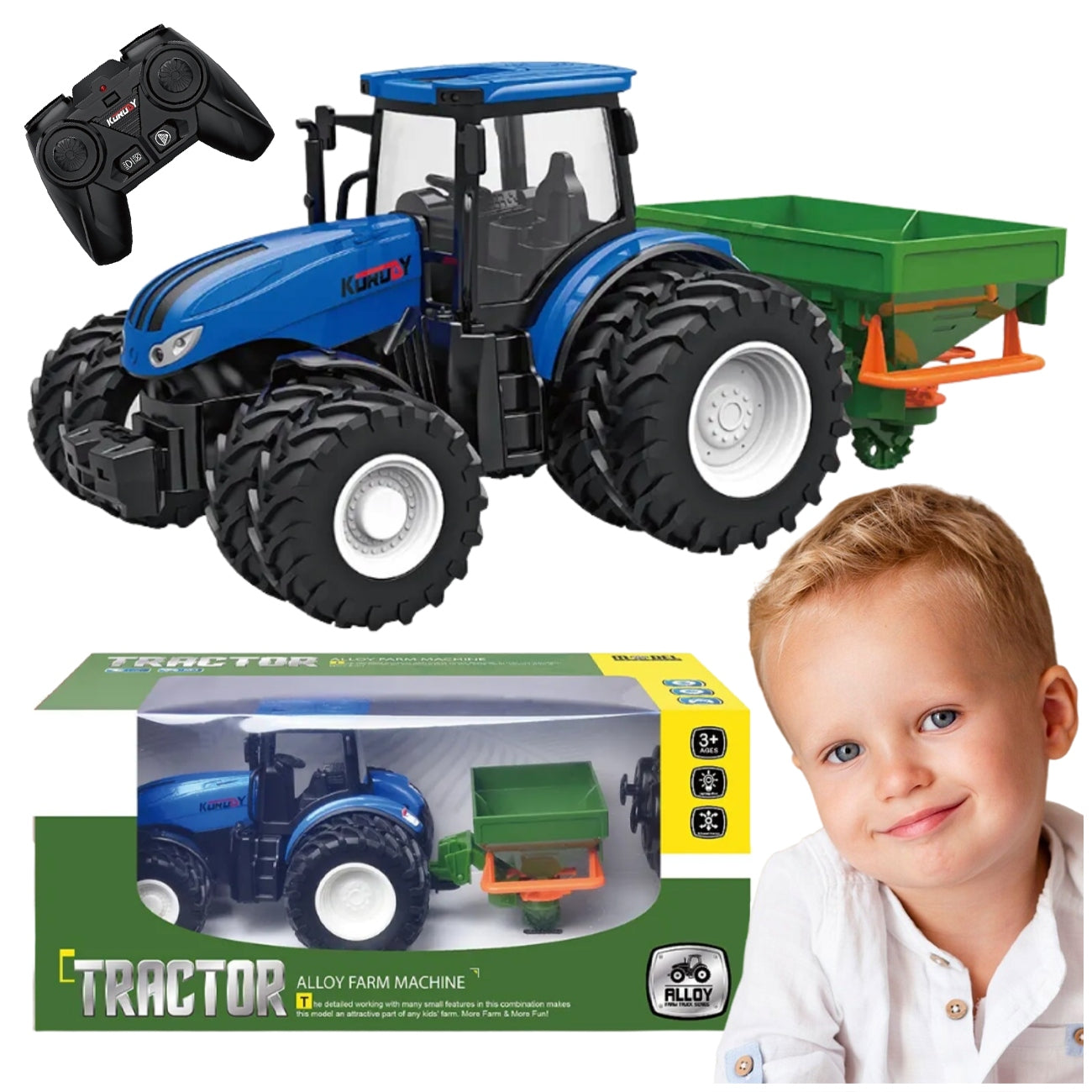 TRACTOR REMOTE CONTROLLED SPREADER RUBBER WHEELS LIGHT SOUND BLUE