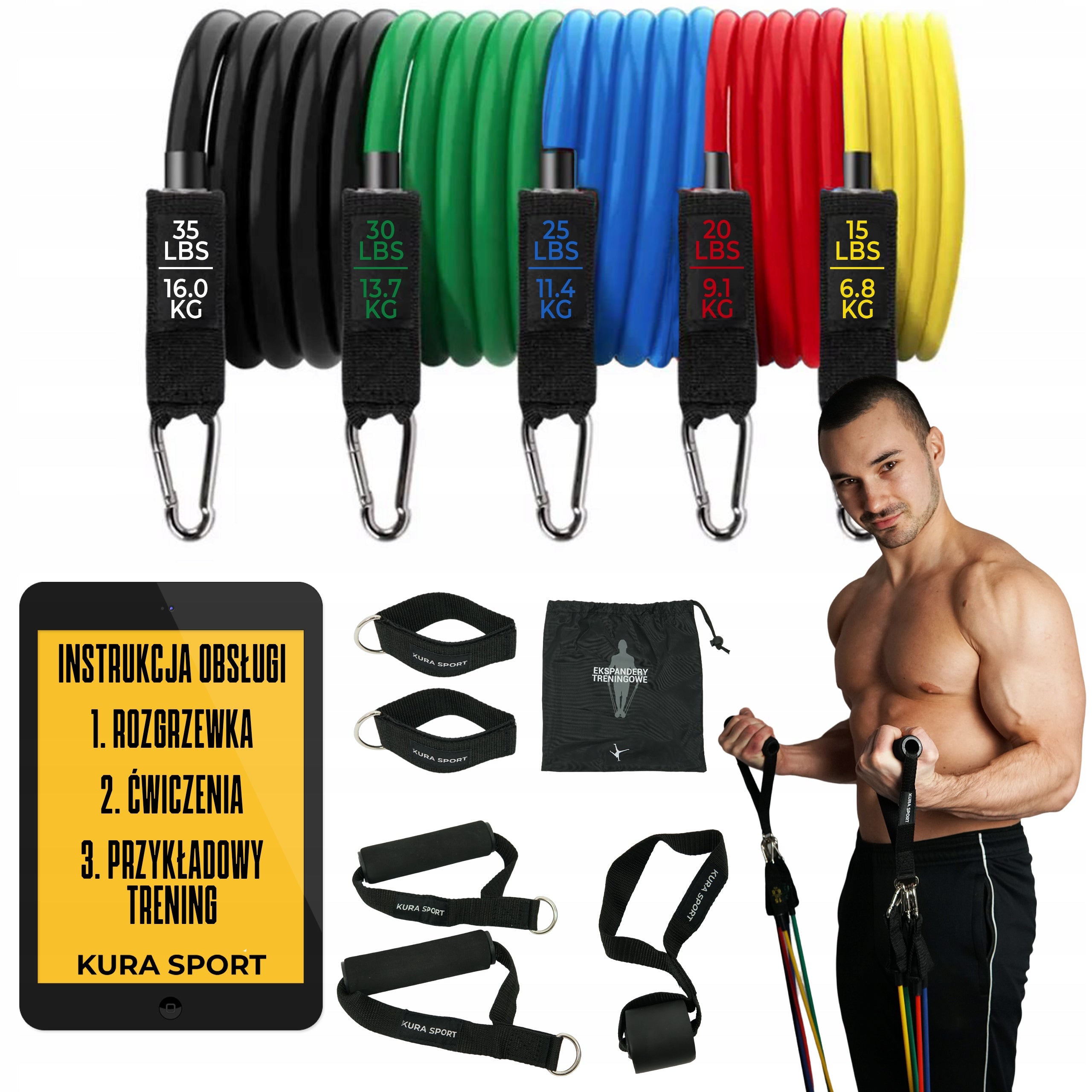 TRAINING EXPANDERS EXERCISE RUBBER SET OF 5 RESISTANCE RUBBERS KURA SPORT