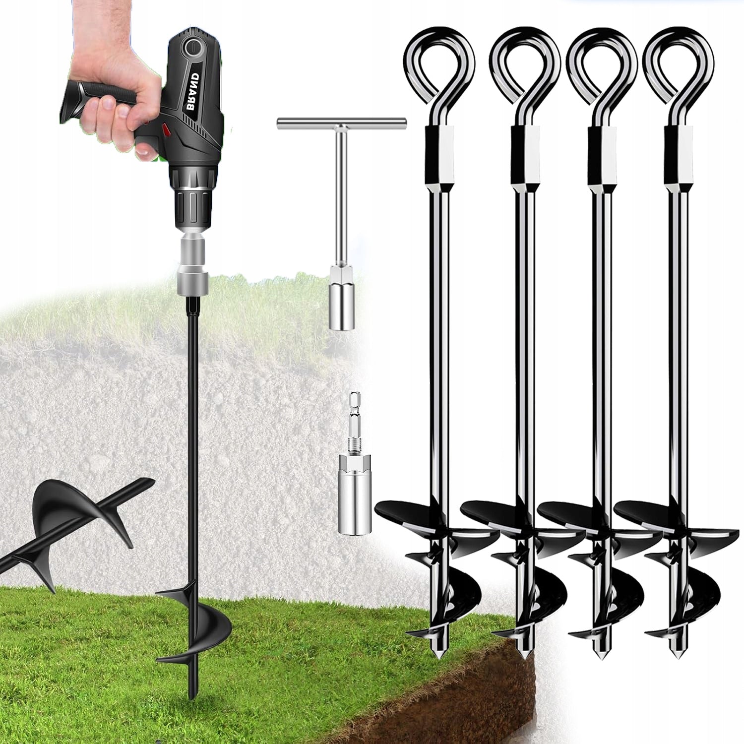 TRAMPOLINE ATTACHMENT ANCHOR SET 4 Screw-in Ground Pins and T-Wrench