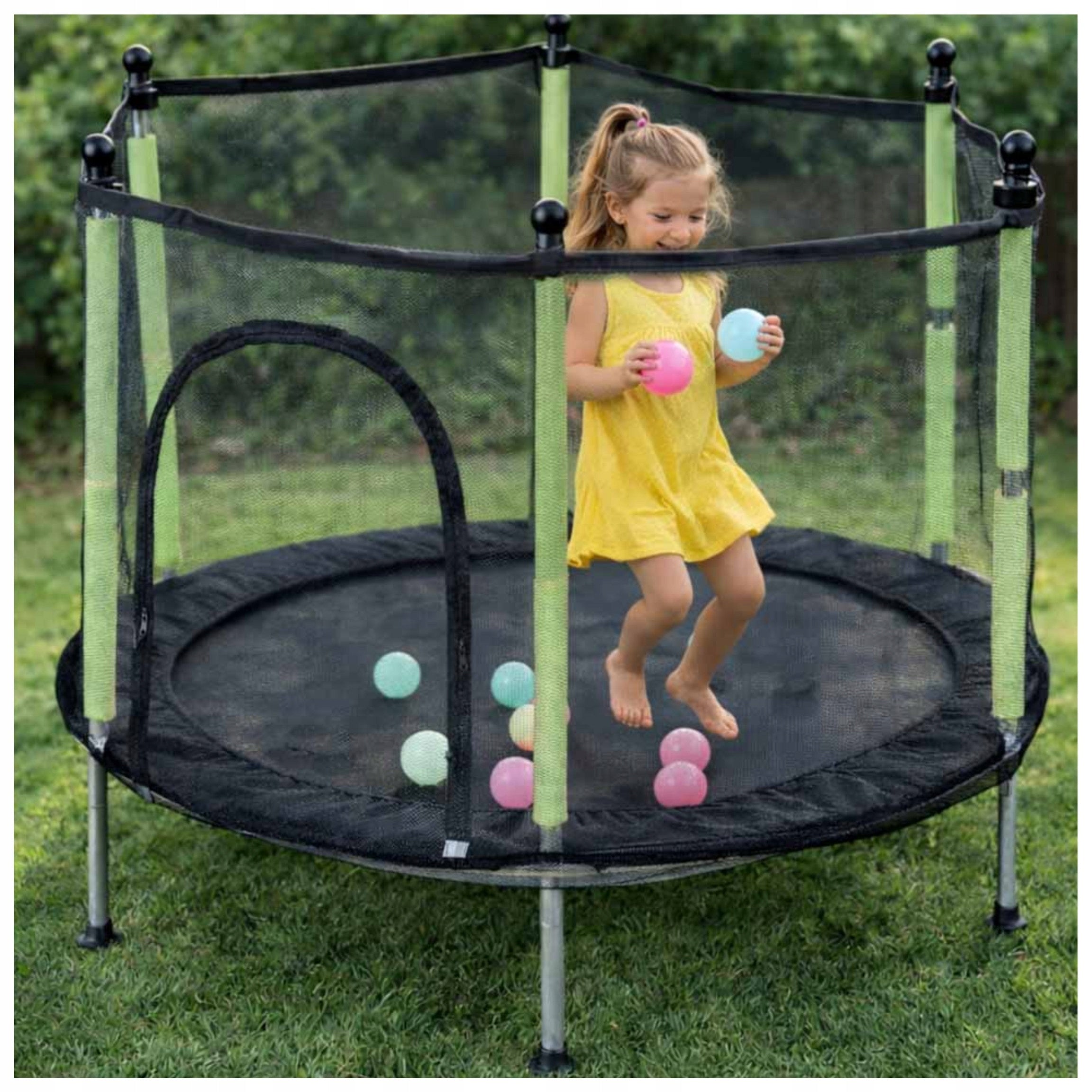 TRAMPOLINE FOR CHILDREN SMALL 110X140CM GREEN GARDEN WITH SAFETY NET Height from ground level 28 cm