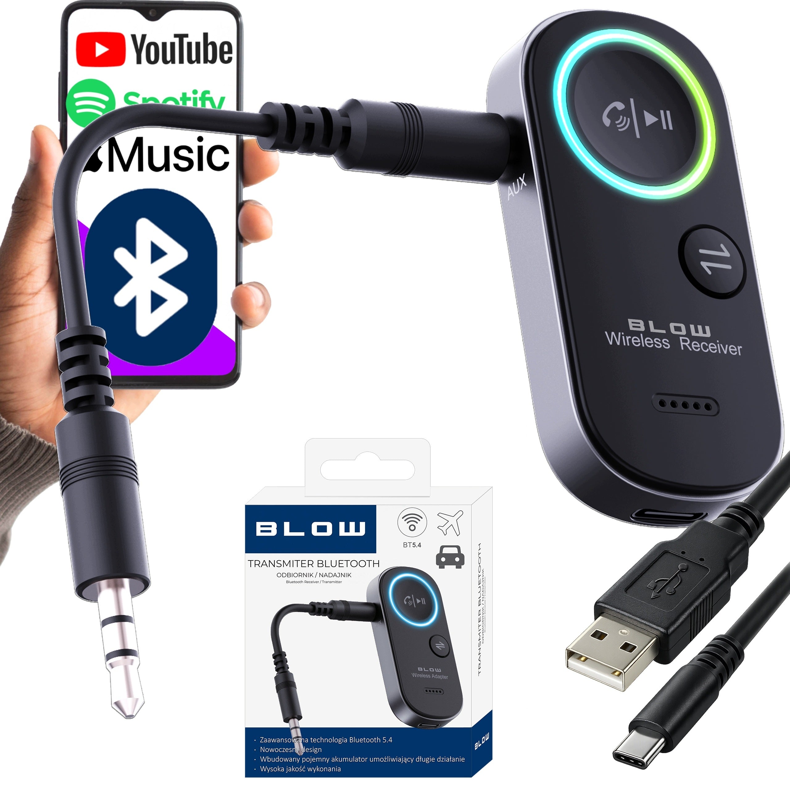 TRANSMITTER RECEIVER BLUETOOTH TRANSMITTER 5.4 AUX MINIJACK 3,5mm USB-C