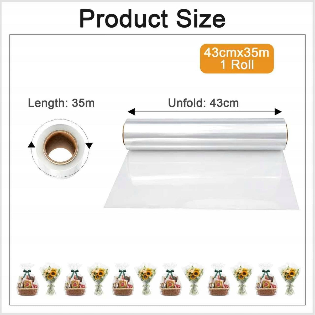 TRANSPARENT PAPER EMBALLAGE ROLL 43CM X 35M CELLOPHANE Length 43 cm