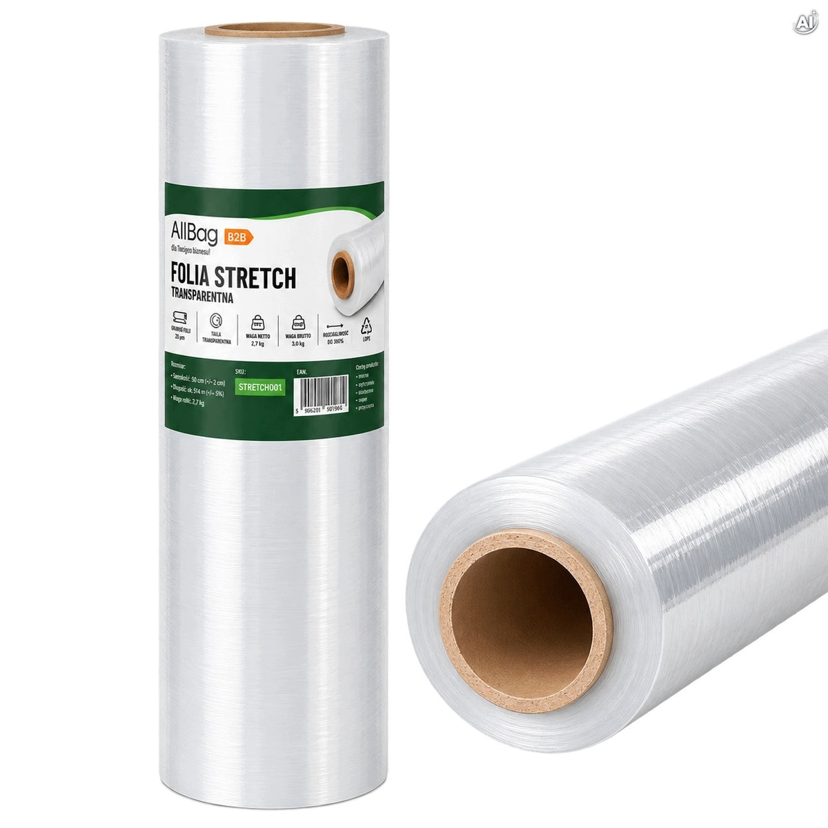 TRANSPARENT STRETCH FILM 2,7 kg NET 23µm 51cm FOR PALLETS PACKAGING STRONG