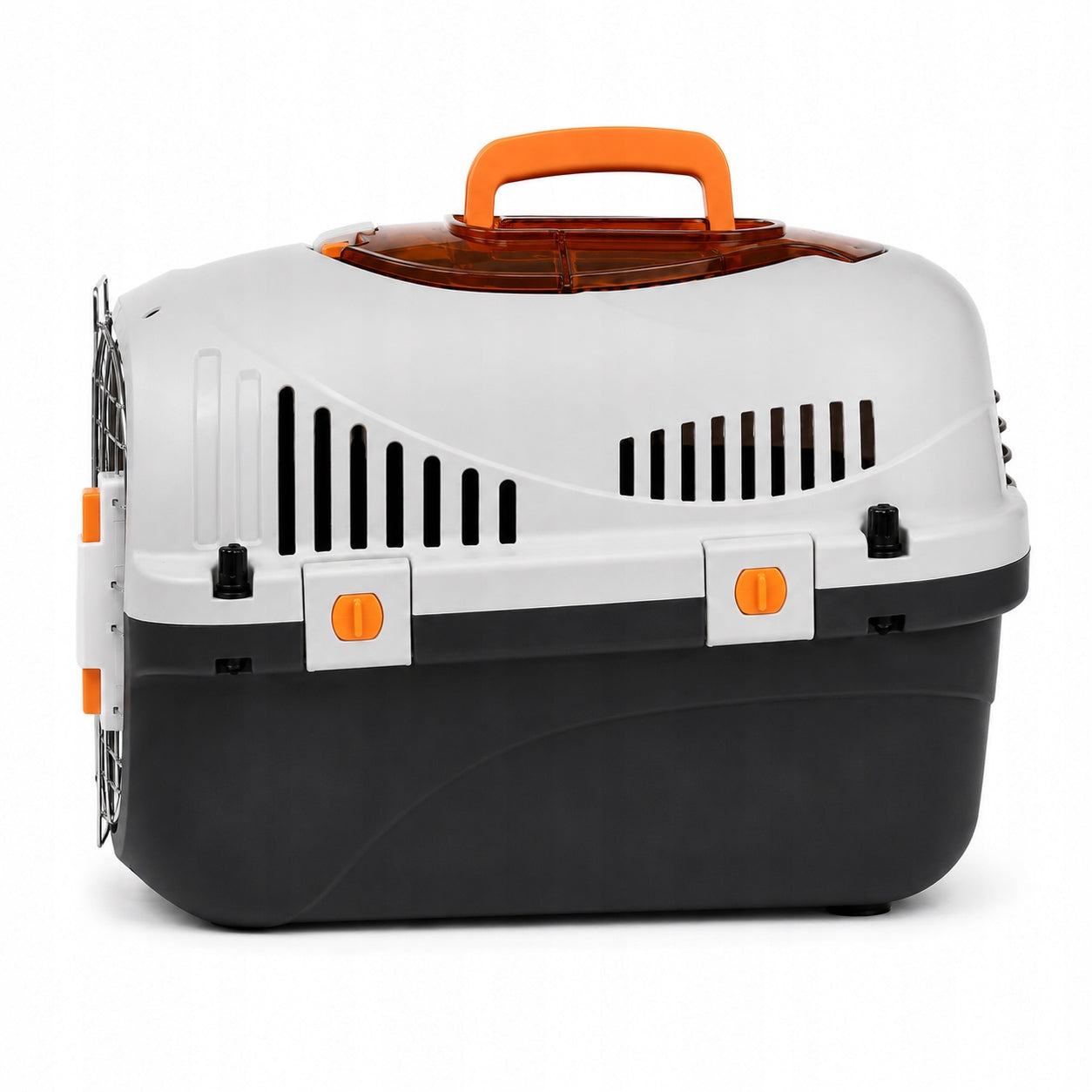 TRANSPORTER FOR DOG, CAT, RABBIT - LARGE AND STURDY, EASY OPENING AT THE TOP Trade name Transporter dla psa, kota, królika ze stalowymi drzwiczkami i otwarciem przy rączce, mocne zaciski