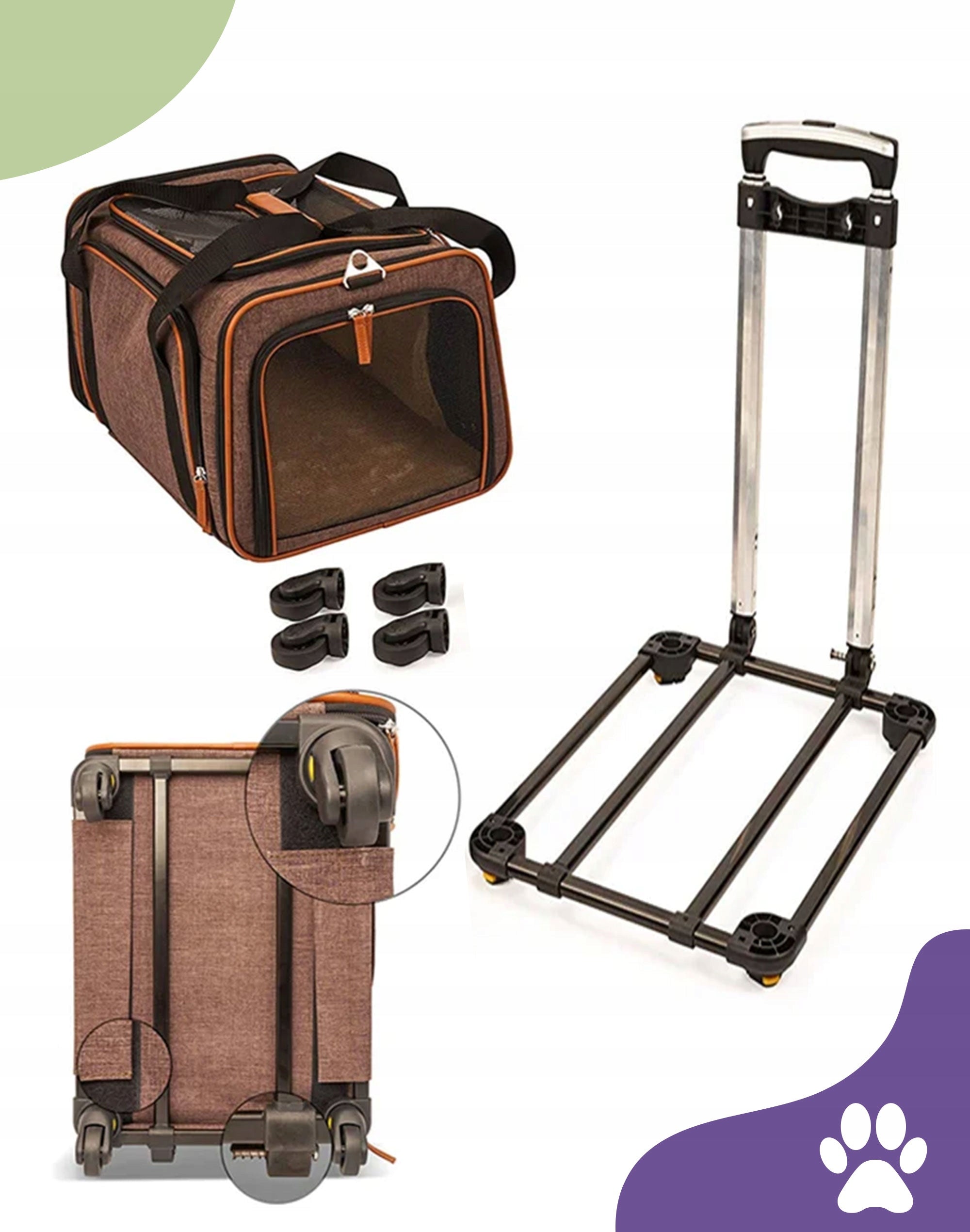 TRANSPORTER TRAVEL SUITCASE ON WHEELS DOG CAT BAG + FOLDING BOWL Color brown