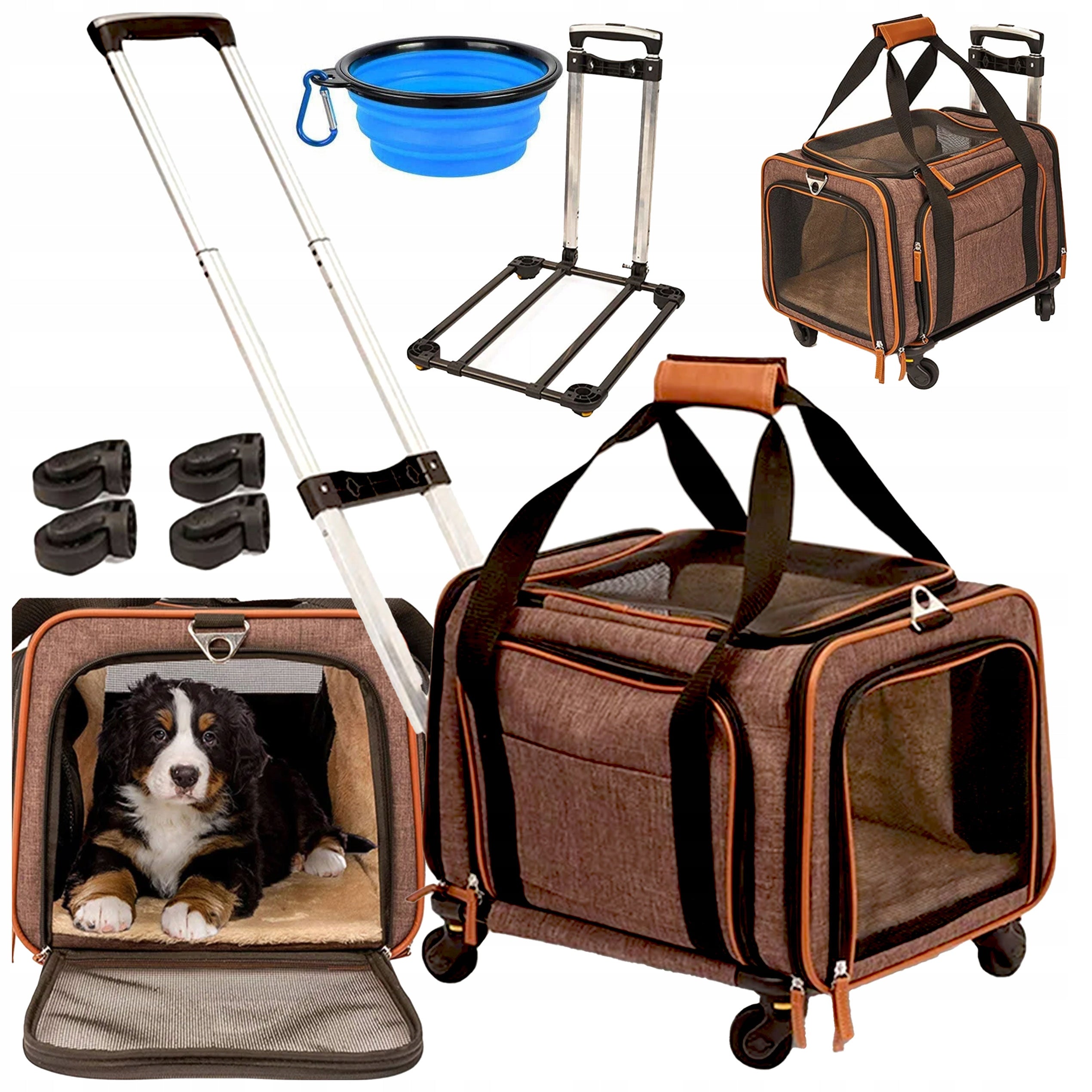 TRANSPORTER TRAVEL SUITCASE ON WHEELS DOG CAT BAG + FOLDING BOWL