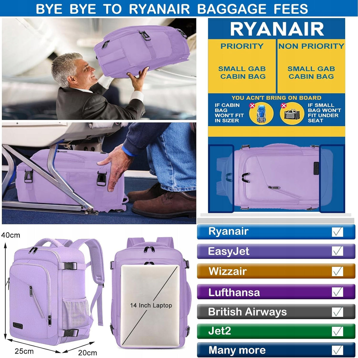 TRAVEL BACKPACK 40X20X25CM LIGHT PURPLE USB FOR AIRPLANE LAPTOP 20L Brand no brand