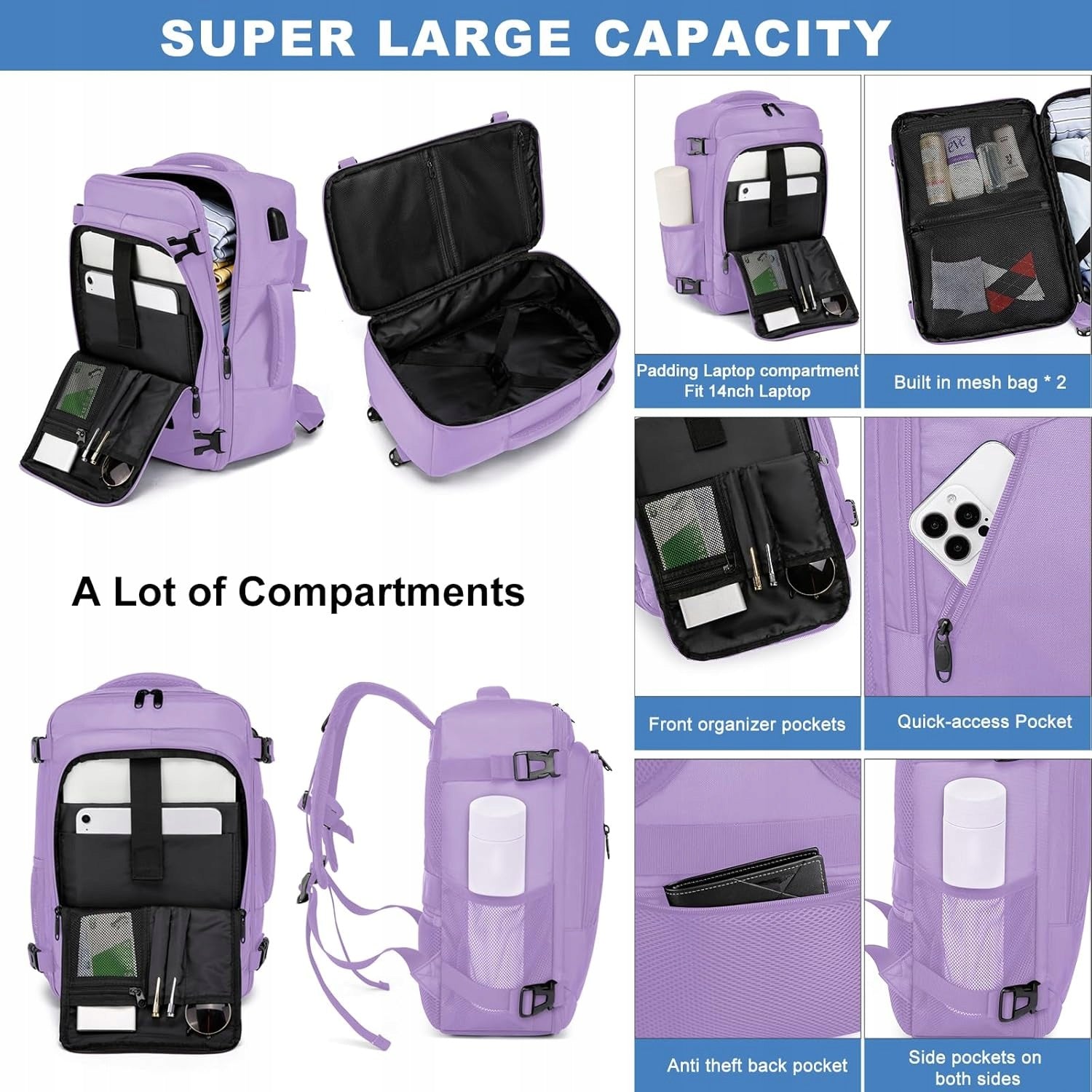 TRAVEL BACKPACK 40X20X25CM LIGHT PURPLE USB FOR AIRPLANE LAPTOP 20L Dominant material polyester