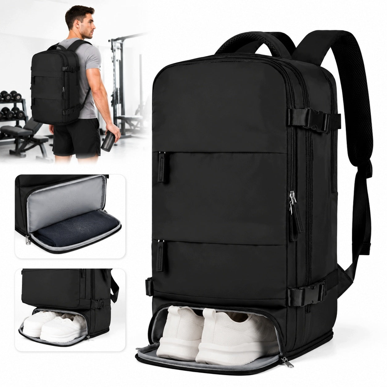 TRAVEL BACKPACK BLACK 40x30x20 HANDHELD FOR AIRPLANE STRONG