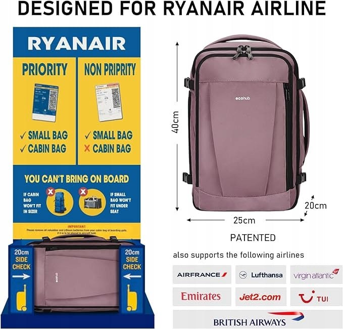 TRAVEL BACKPACK CABIN LUGGAGE RYANAIR Ecohub 40X20X25cm 20L PINK Brand Kono