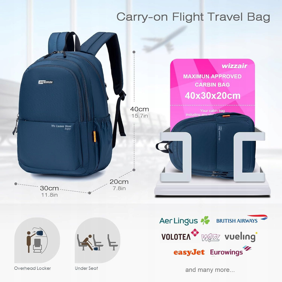 TRAVEL BACKPACK FOR AIRPLANE 40x30x20 HAND LUGGAGE WATERPROOF PURPLE Packaging status original