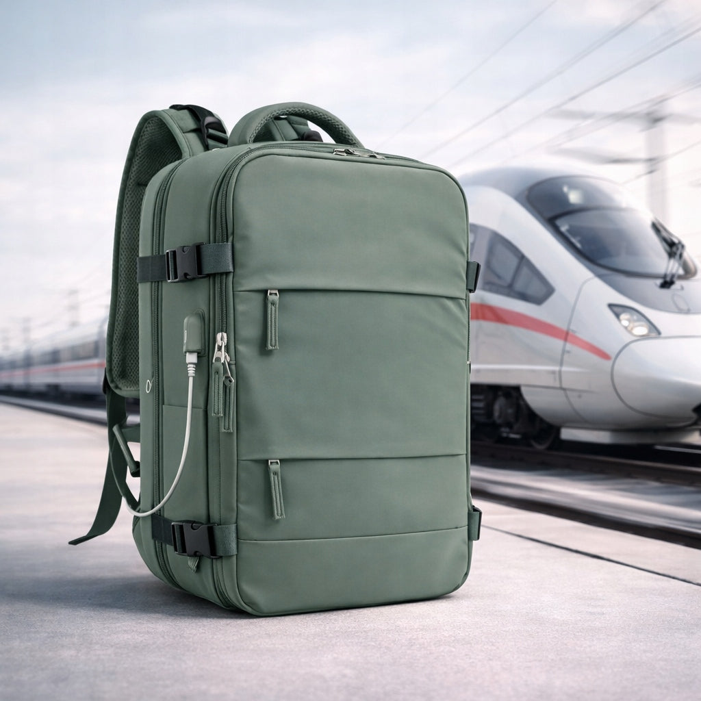 TRAVEL BACKPACK FOR BUS TRAIN 42x30x20 USB SHOE COMPARTMENT WATERPROOF