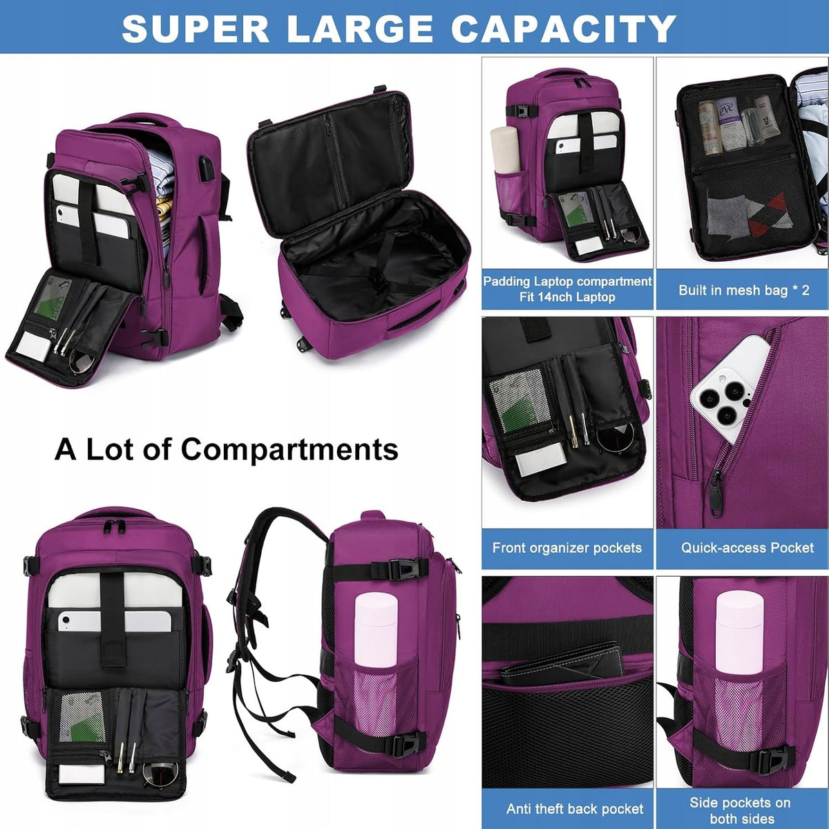 TRAVEL BACKPACK PURPLE 40X20X25CM 20L FOR LAPTOP FOR USB AIRPLANE Color purple