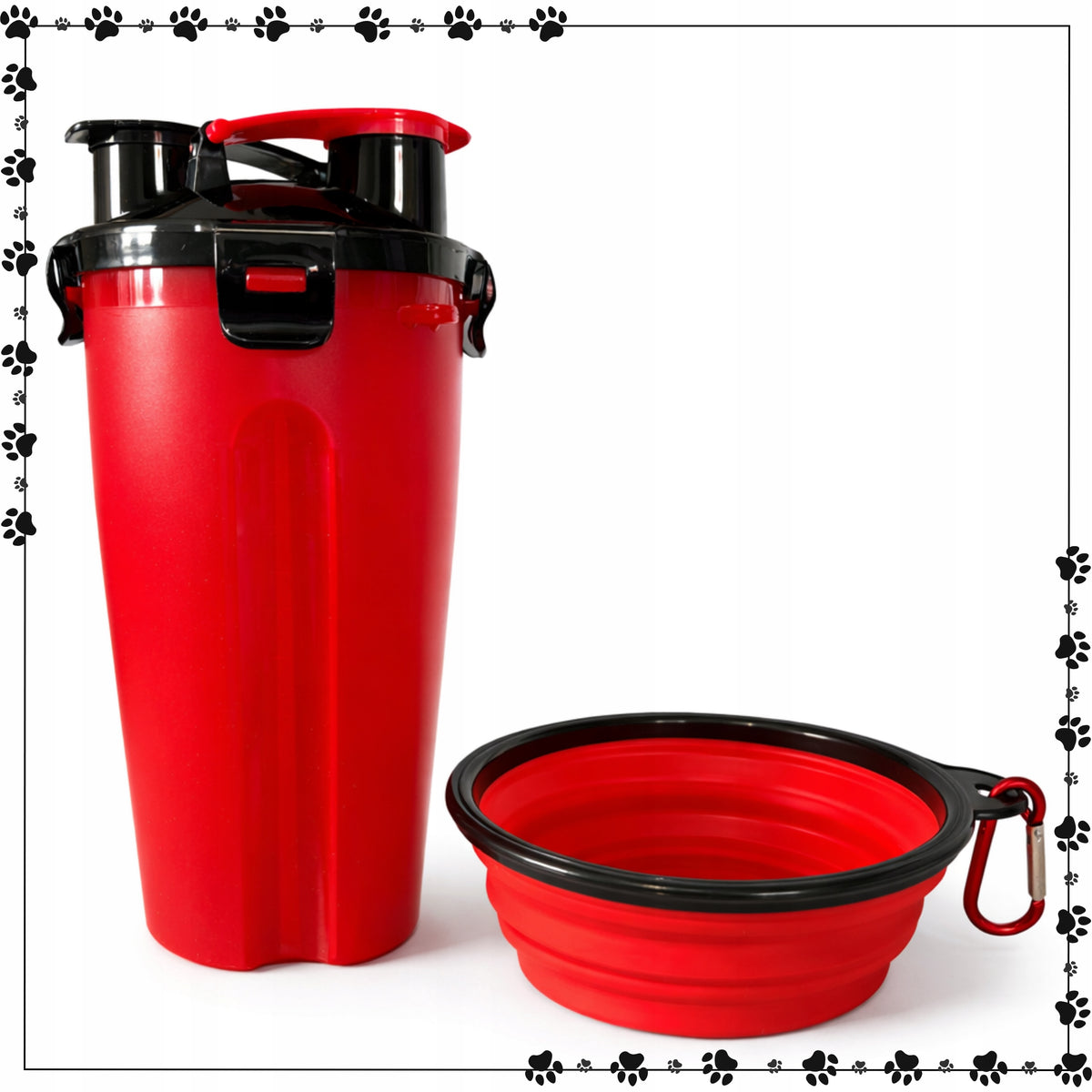 TRAVEL CONTAINER WATER BOTTLE WITH SILICONE BOWL 2IN1 FOR WATER FOOD RED Packaging status original