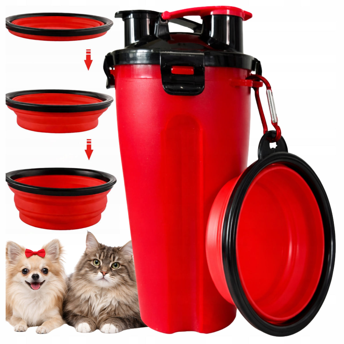 TRAVEL CONTAINER WATER BOTTLE WITH SILICONE BOWL 2IN1 FOR WATER FOOD RED