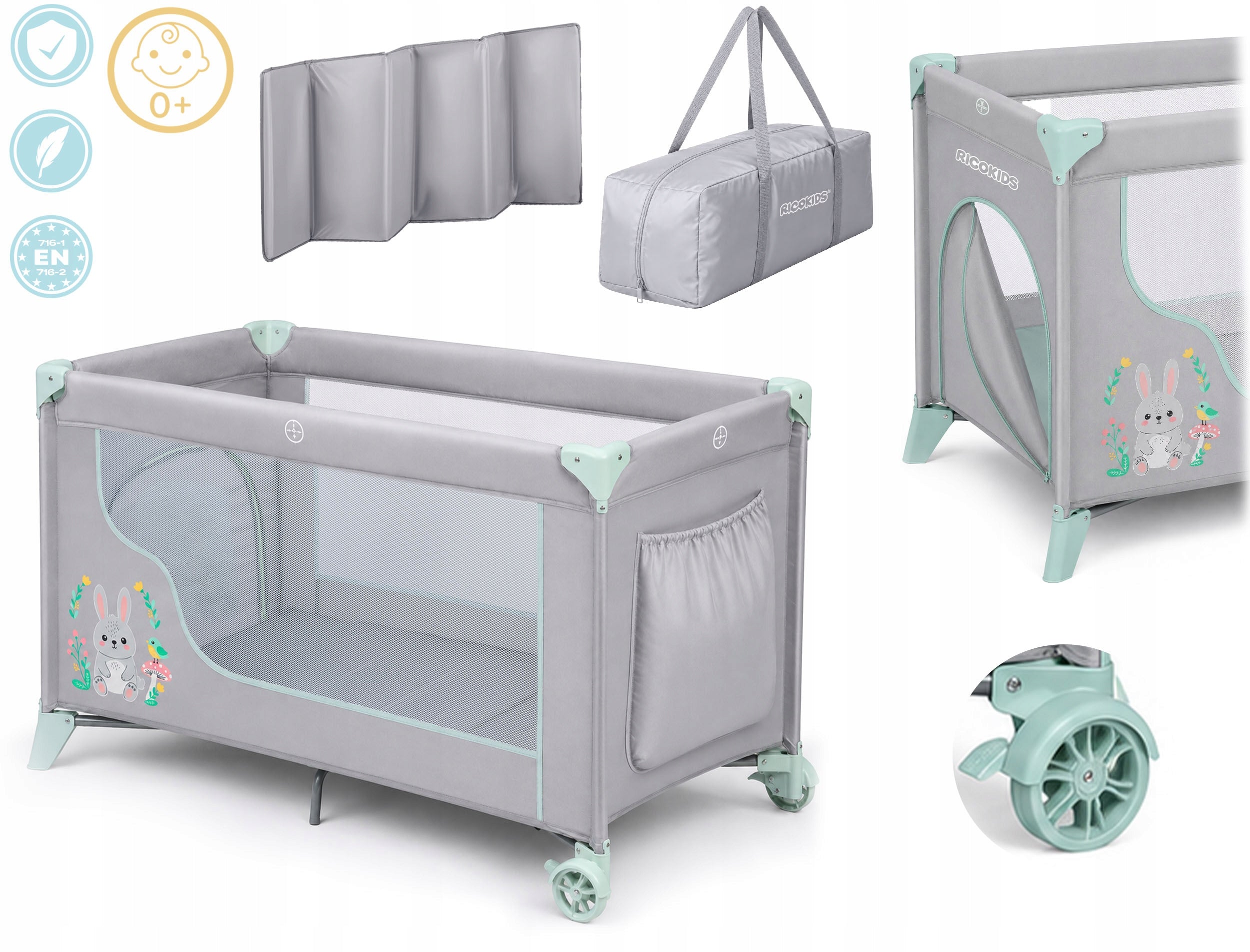 TRAVEL COT FOLDING TRAVEL PLAYPEN RICOKIDS MATTRESS + BAG Manufacturer code 724010