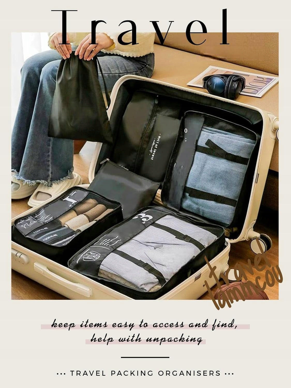 TRAVEL ORGANIZER 7pcs BLACK FOR SUITCASE BAG POUCH SET FOR CLOTHES Rm Manufacturer code ZESTAW 7 ORGANIZERÓW PODRÓŻNYCH