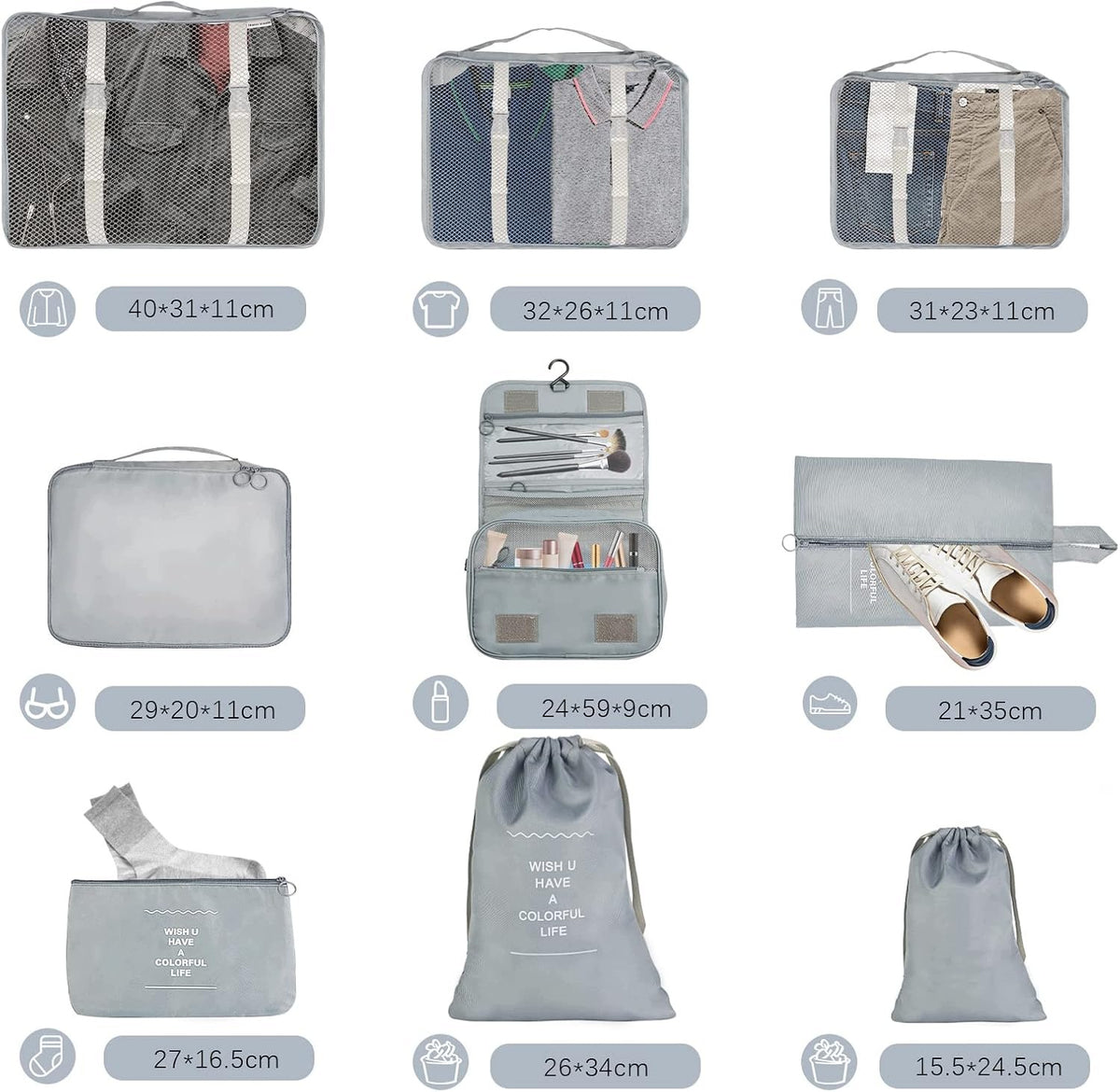 TRAVEL ORGANIZER 9 PIECE PACKING CUBES WATERPROOF GREY Color gray