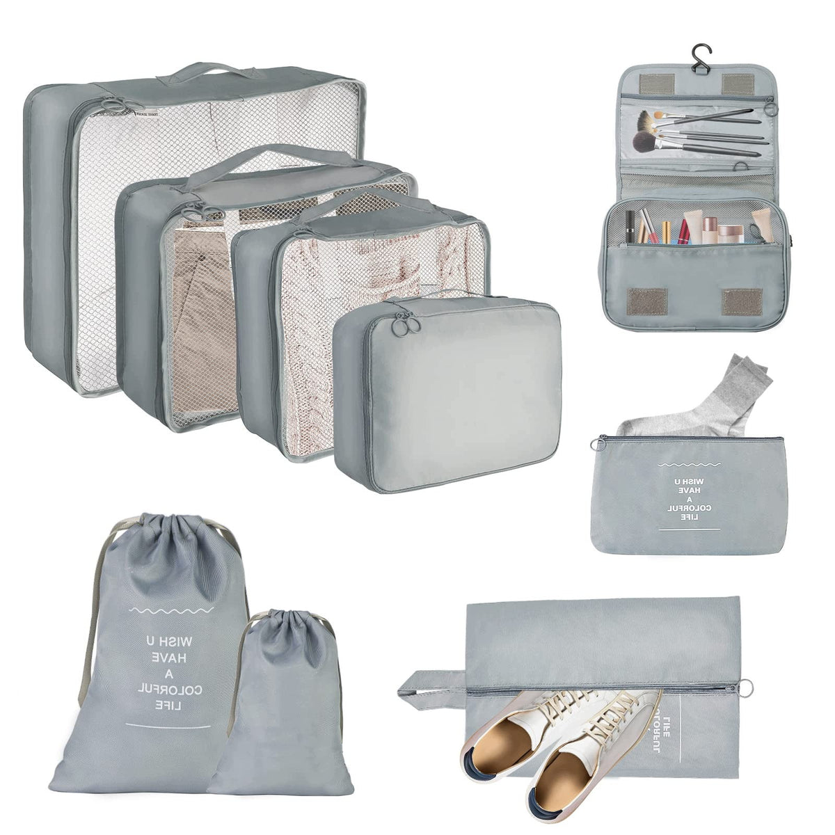 TRAVEL ORGANIZER 9 PIECE PACKING CUBES WATERPROOF GREY