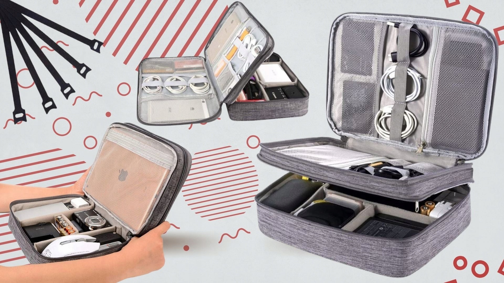TRAVEL ORGANIZER BAG CHARGER CABLE COVER+5 VELCRO FOR FASTENING Model PODWÓJNA TORBA NA AKCESORIA ELEKTRONICZNE KABLE