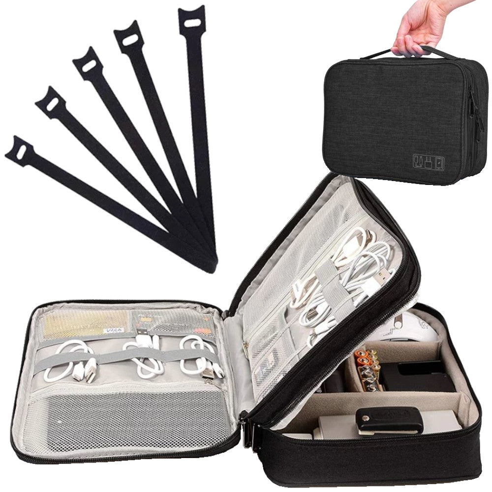 TRAVEL ORGANIZER CASE BAG POUCH FOR CABLES CHARGERS 5 VELCRO STRAPS FREEBIE