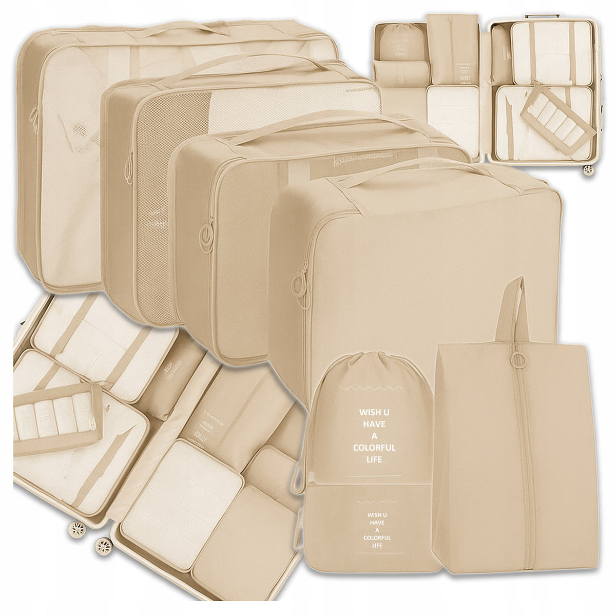 TRAVEL ORGANIZER FOR BACKPACK SUITCASE SET OF 7 SOLID ORGANIZERS Color beige