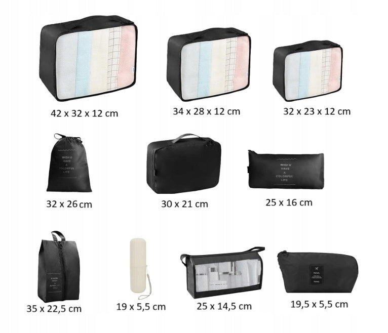 TRAVEL ORGANIZER FOR PACKING SUITCASES BAGS SET OF 10 pcs BLACK Color black