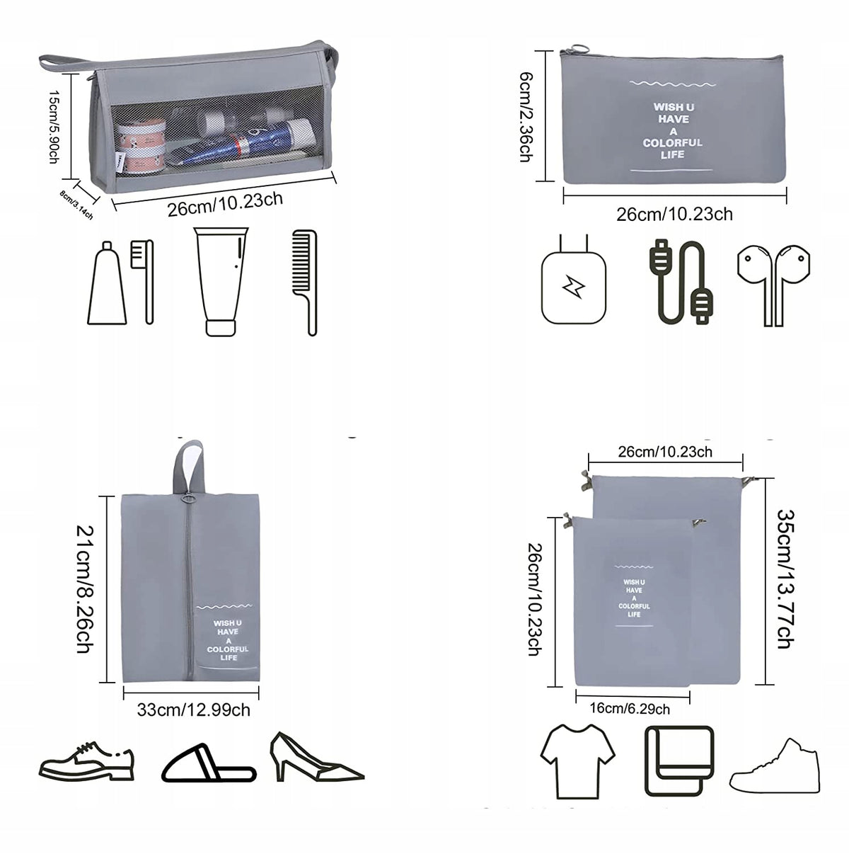 TRAVEL ORGANIZER FOR SUITCASE CLOTHES BAGS SET FOR WARDROBE SET 9PCS Color gray