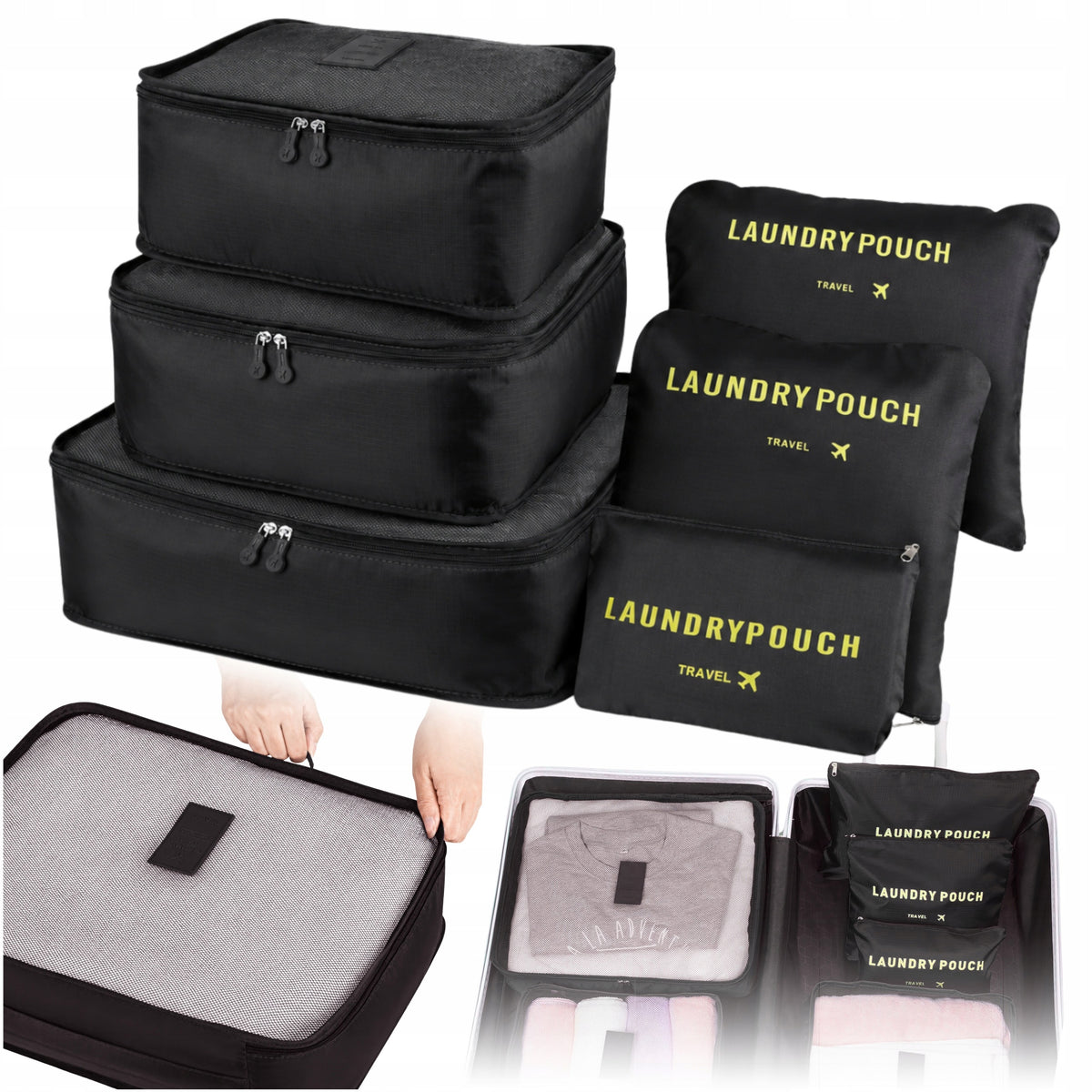 TRAVEL ORGANIZER SUITCASES BAGS CLOTHES SHOES SACHET SET 6PCS BLACK