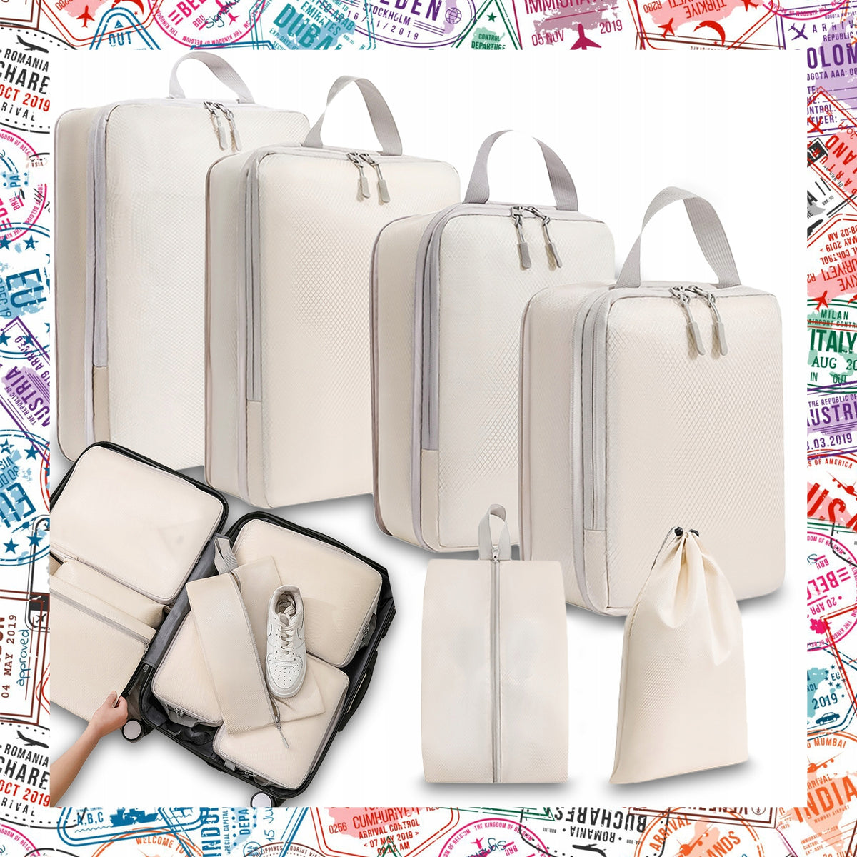 TRAVEL ORGANIZERS FOR PACKING SUITCASE BAGS BEIGE SET OF 6 COMPRESSION Packaging status original