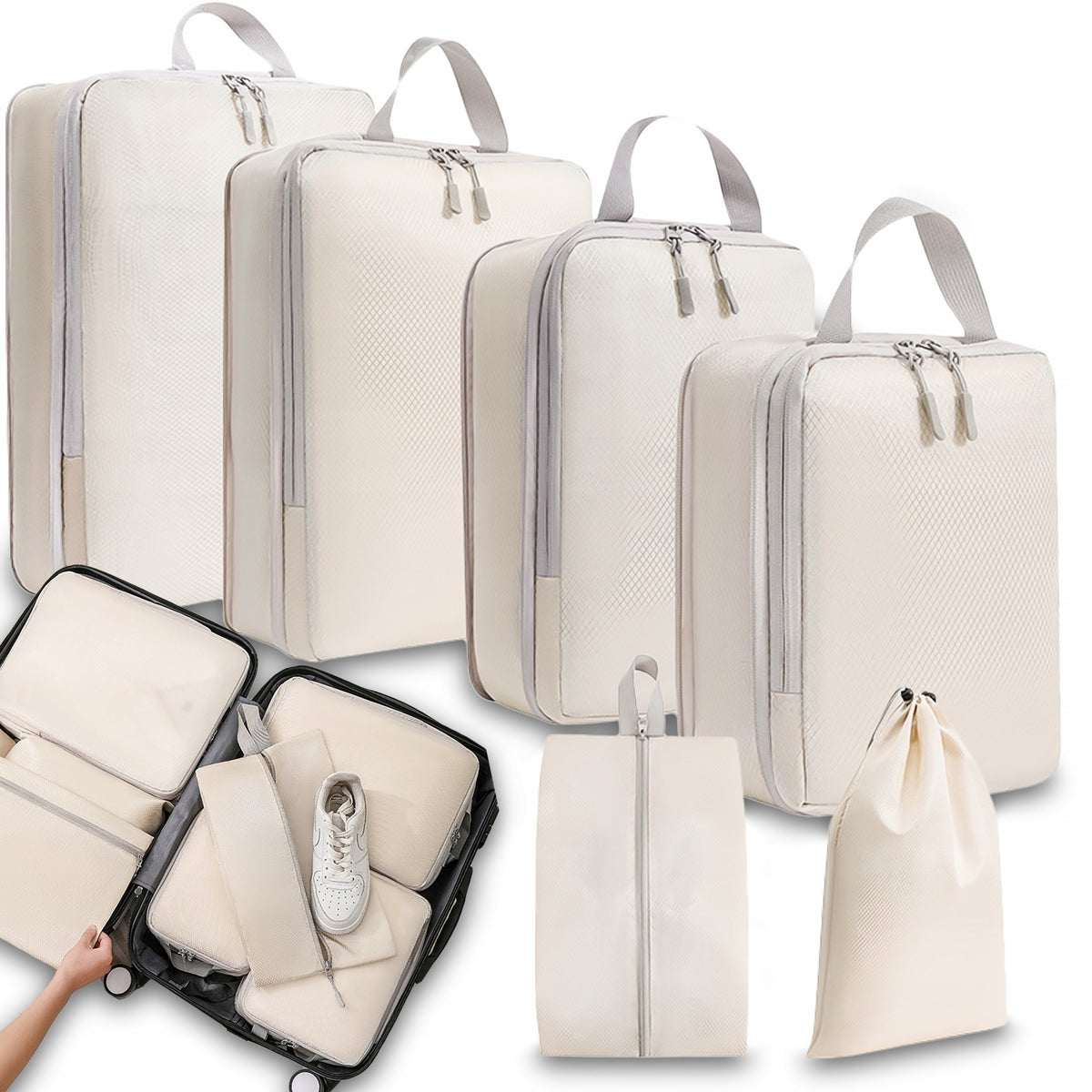 TRAVEL ORGANIZERS FOR PACKING SUITCASE BAGS BEIGE SET OF 6 COMPRESSION