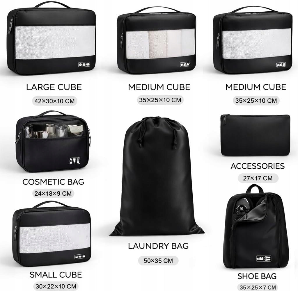 TRAVEL ORGANIZERS FOR SUITCASE CLOTHES BAG COSMETIC BAG SET OF 8 Manufacturer code czarny