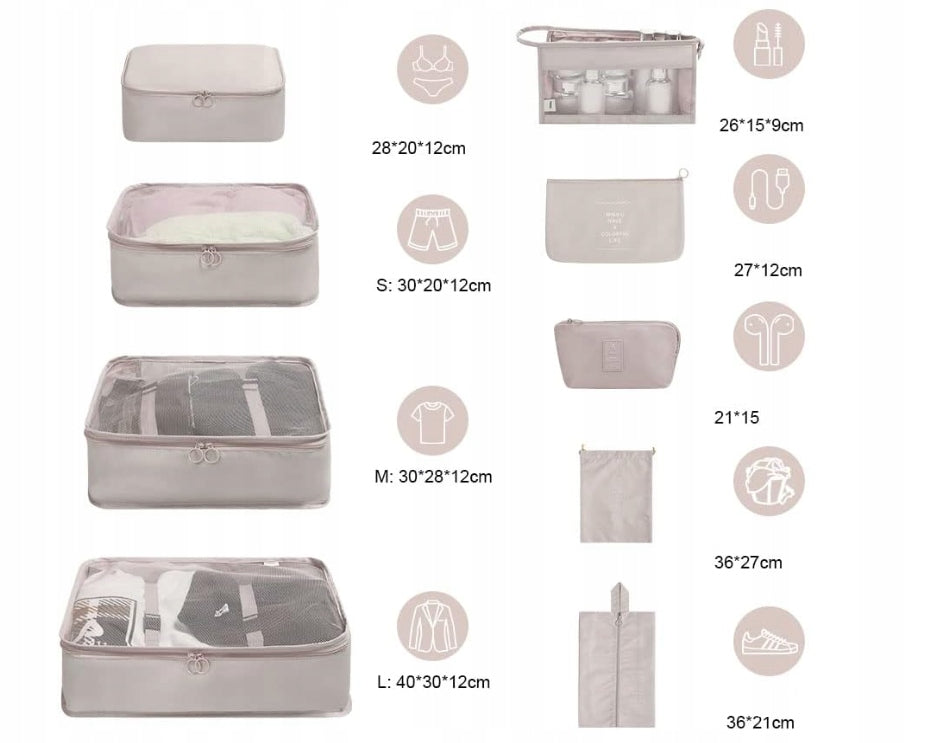 TRAVEL ORGANIZERS FOR SUITCASE CLOTHES BAG COSMETIC BAG SET OF 9 Manufacturer code BEŻOWY