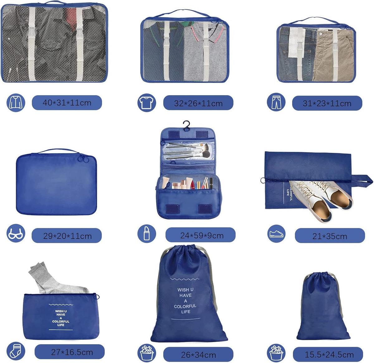 TRAVEL ORGANIZERS SET OF 9 BLUE PACKING CUBES WATERPROOF Color blue