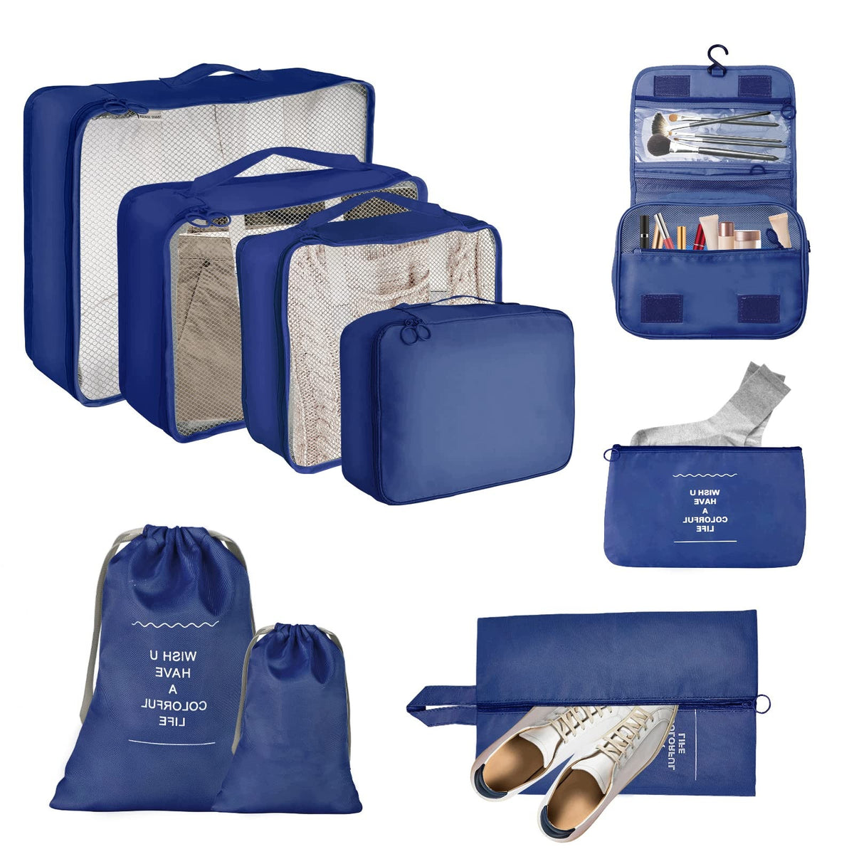 TRAVEL ORGANIZERS SET OF 9 BLUE PACKING CUBES WATERPROOF