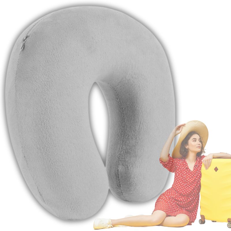 TRAVEL PILLOW CROISSANT NECK FOR AIRPLANE HEADREST MEMORY FOAM FOA Color gray