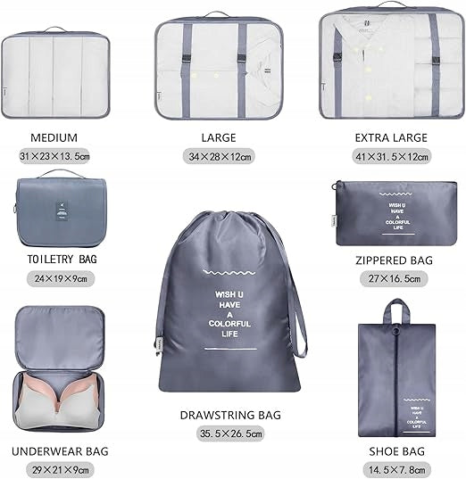 TRAVEL SUITCASE ORGANIZERS 6-PIECE LUGGAGE CUBE SET Manufacturer code PODRÓŻNE ORGANIZERY DO WALIZKI SZARA