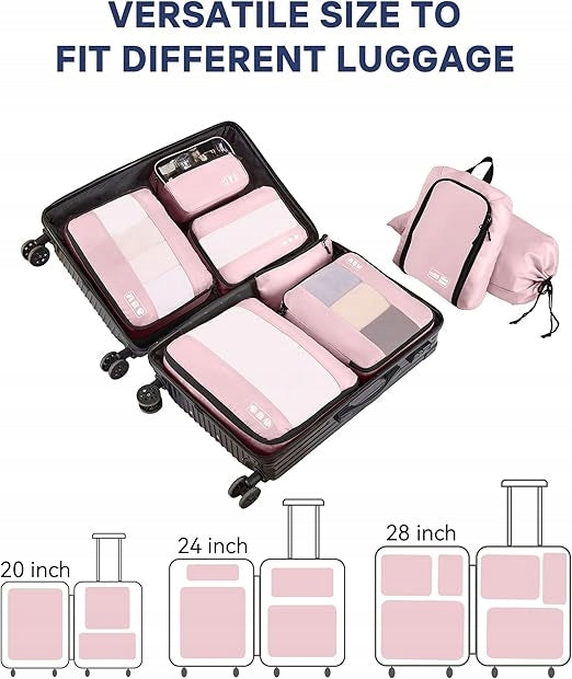 TRAVEL SUITCASE ORGANIZERS 8-PIECE LUGGAGE CUBE SET Manufacturer code PODRÓŻNE ORGANIZERY DO BAGAŻU RÓŻOWY