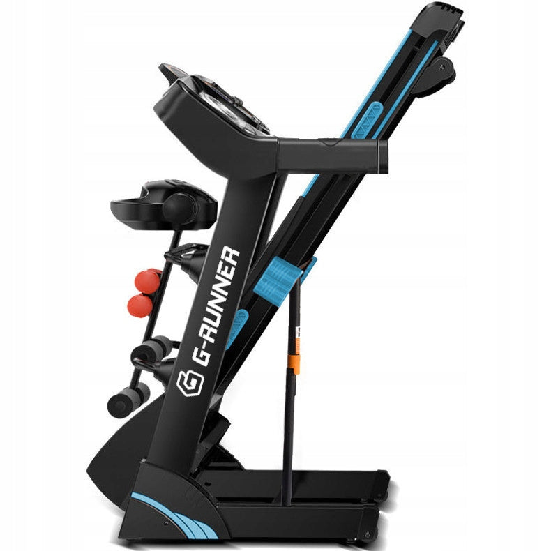TREADMILL ELECTRIC HOME G-RUNNER 500 ANDROID USB MASSAGER AUTO-ELEVATION WIFI Additional features speakers keyboard shortcuts safety key transport wheels place for water bottle place for mobile phone/tablet foldable training programs tilt angle adjustment touch sensors USB port display