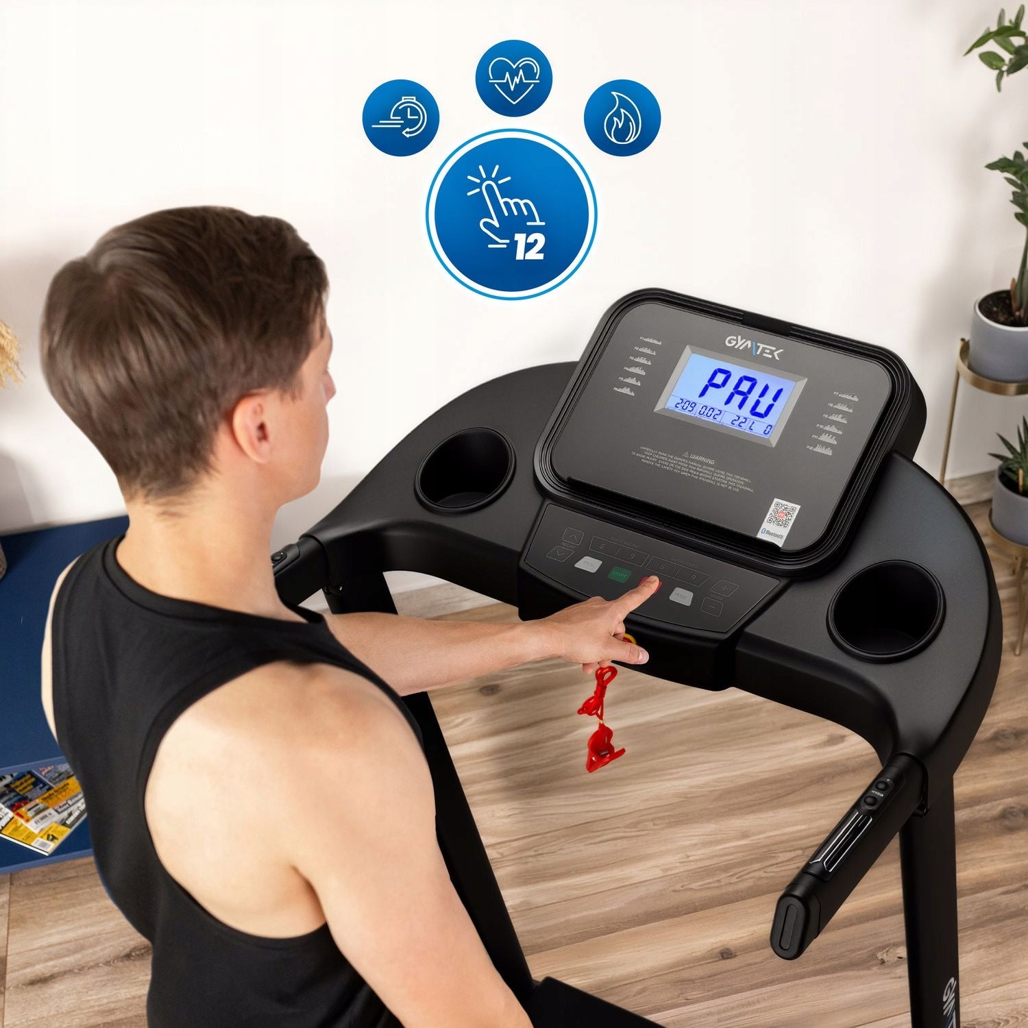TREADMILL HOME ELECTRIC ANGLE OF INCLINATION APPLICATION BT CUSHIONING GYMTEK Additional features Bluetooth speakers keyboard shortcuts safety key transport wheels place for water bottle place for mobile phone/tablet training programs tilt angle adjustment mobile device compatibility display