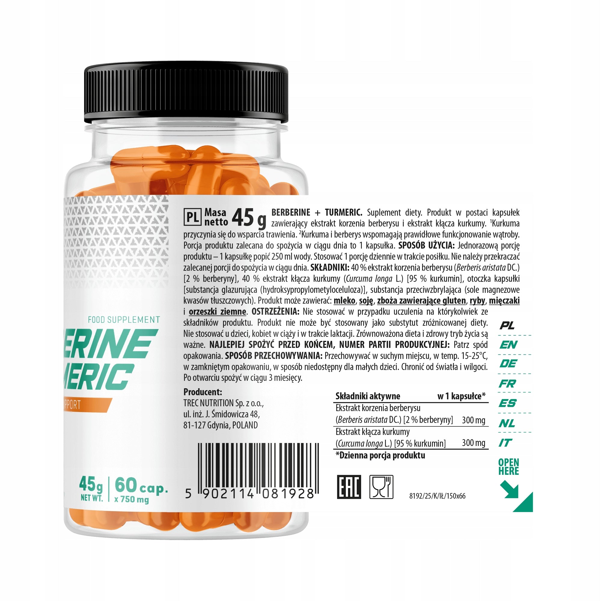 TREC BERBERINE + TURMERIC BERBERINE CURCUMIN DIGESTIVE SYSTEM|60 kaps. Expiration date at least six months from the date of purchase
